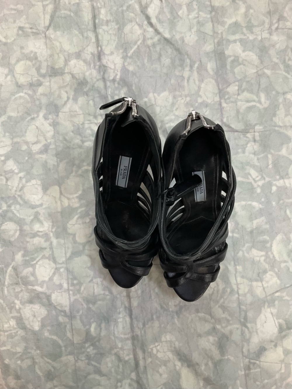 Prada Black Strappy Peep-Toe Heels with Back Zipper